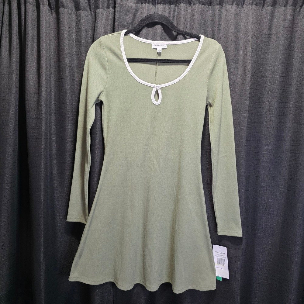 Stitch & Pine Sage Green Ribbed Long Sleeve Keyhole Mini Dress Medium NWT‎